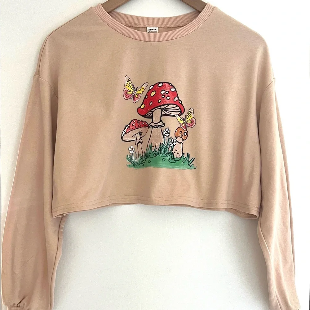 Shein Teen Mushroom & Butterfly Graphic Crop Sweatshirt Size 12-13Y Peach Beige